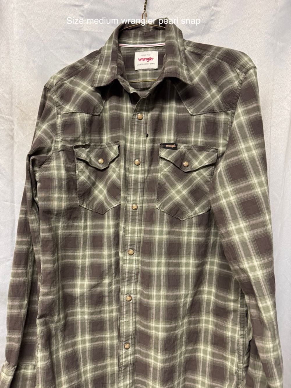 Wrangler Plaid Pearl Snap Shirt in Olive and Cream